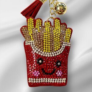 Chic French Fries Keychain, featuring sparkling rhinestones and a red tassel